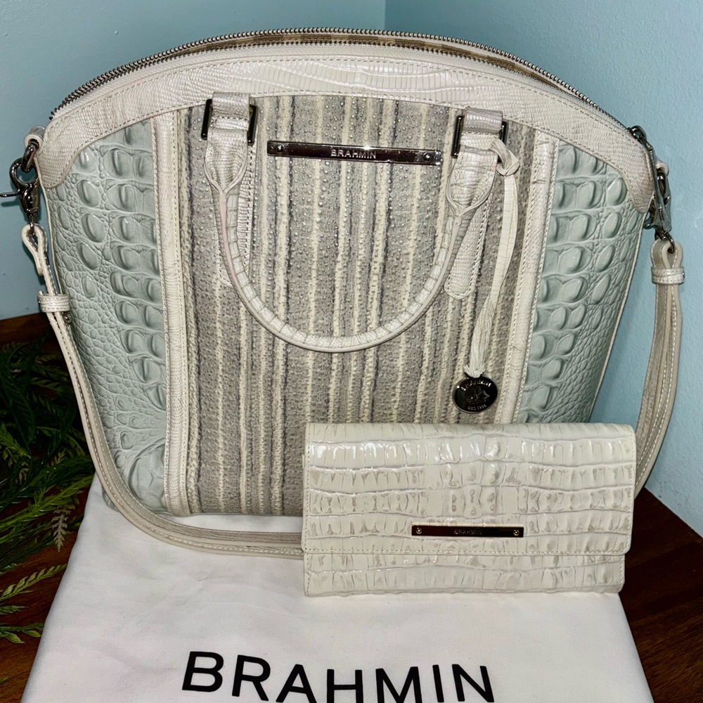 Brahmin Large Duxbury Satchel & Cordelia checkbook Wallet Ivory & Light Blue
